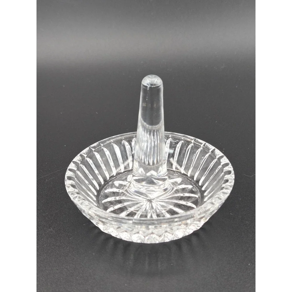 Vtg Clear Pressed Etched Glass Ring Holder Sunburst Base Jewelry Trinket Dish
